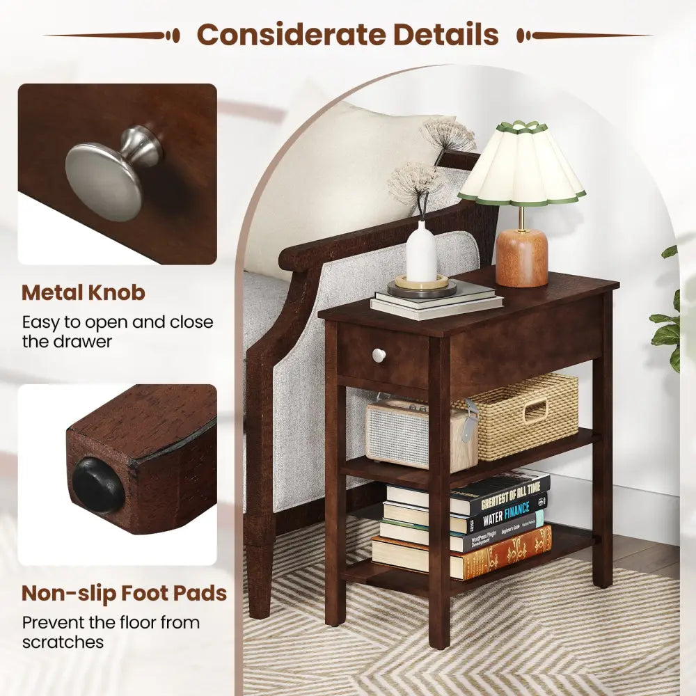 3-Tier Narrow End Table with Drawer and Storage Shelves Set of 2-Walnut - Walnut - End & Side Tables