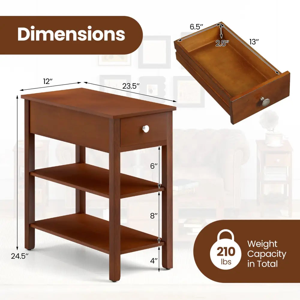 3-Tier Narrow End Table with Drawer and Storage Shelves Set of 2-Brown - Brown - End & Side Tables