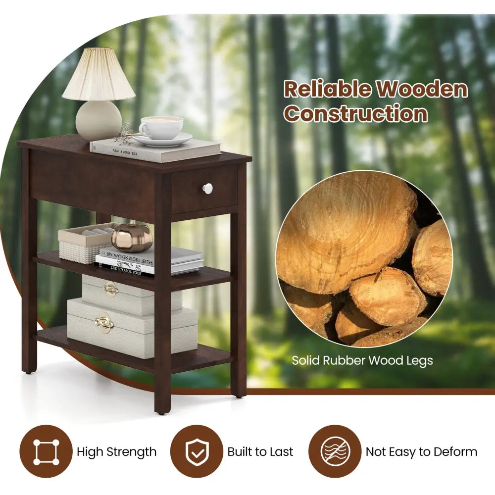 3-Tier Narrow End Table with Drawer and Storage Shelves Set of 2-Walnut - Walnut - End & Side Tables