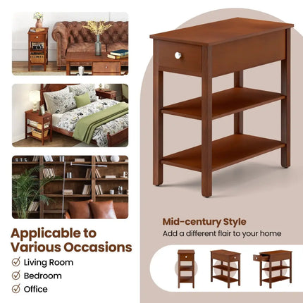 3-Tier Narrow End Table with Drawer and Storage Shelves Set of 2-Brown Costway