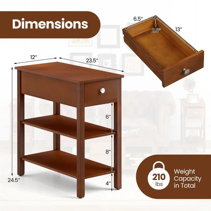 3-Tier Narrow End Table with Drawer and Storage Shelves Set of 2-Brown Costway