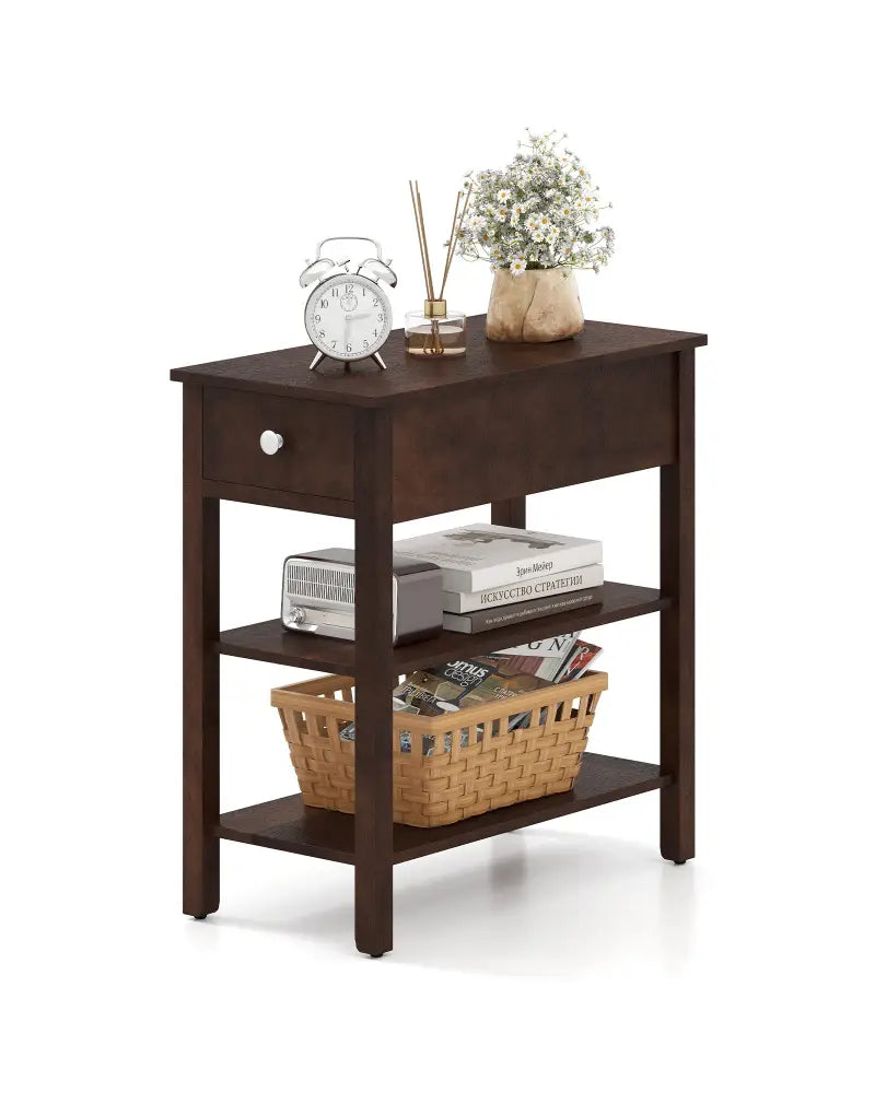 3-Tier Narrow End Table with Drawer and Storage Shelves-Walnut - Walnut - End & Side Tables