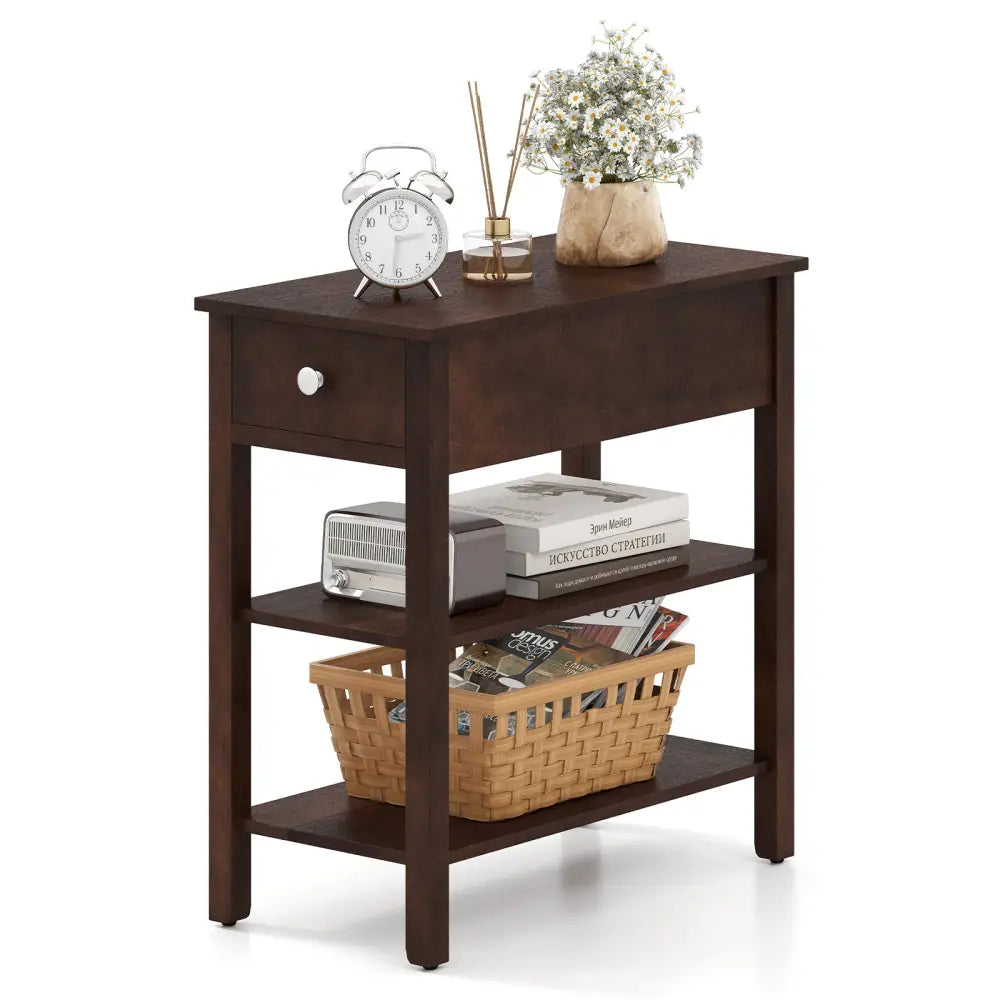 3-Tier Narrow End Table with Drawer and Storage Shelves-Walnut - Walnut - End & Side Tables