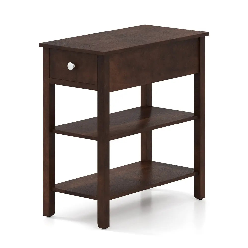 3-Tier Narrow End Table with Drawer and Storage Shelves-Walnut - Walnut - End & Side Tables