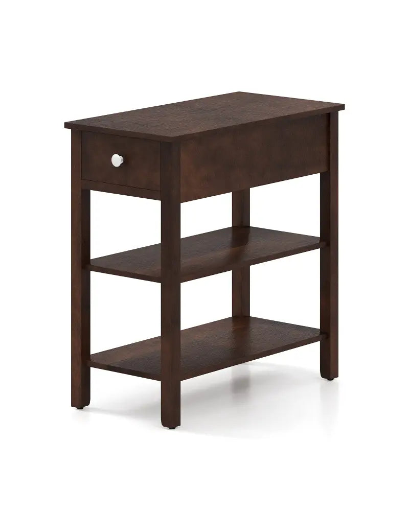 3-Tier Narrow End Table with Drawer and Storage Shelves-Walnut - Walnut - End & Side Tables