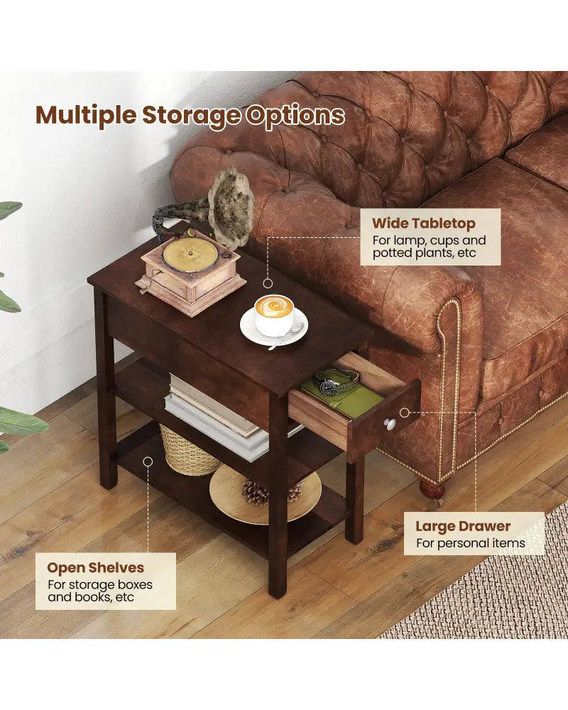 3-Tier Narrow End Table with Drawer and Storage Shelves-Walnut - Walnut - End & Side Tables