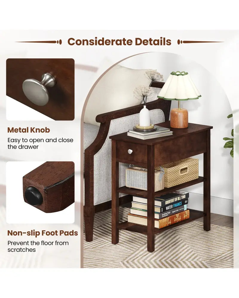 3-Tier Narrow End Table with Drawer and Storage Shelves-Walnut - Walnut - End & Side Tables