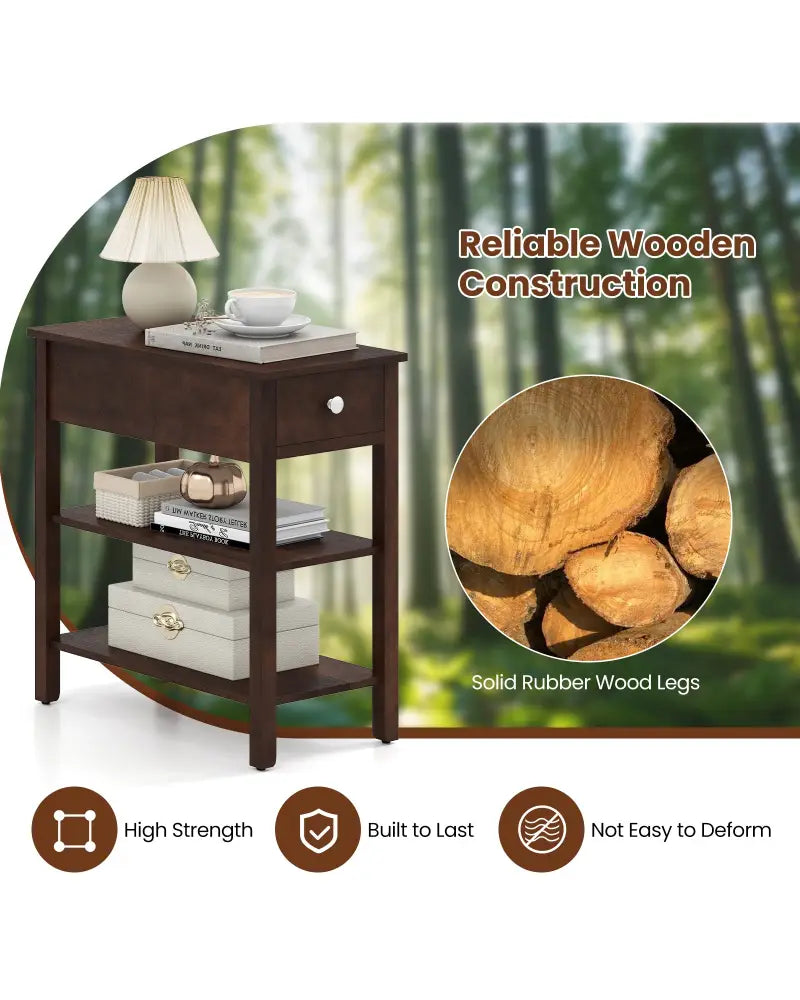 3-Tier Narrow End Table with Drawer and Storage Shelves-Walnut - Walnut - End & Side Tables