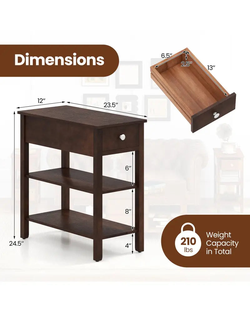 3-Tier Narrow End Table with Drawer and Storage Shelves-Walnut - Walnut - End & Side Tables
