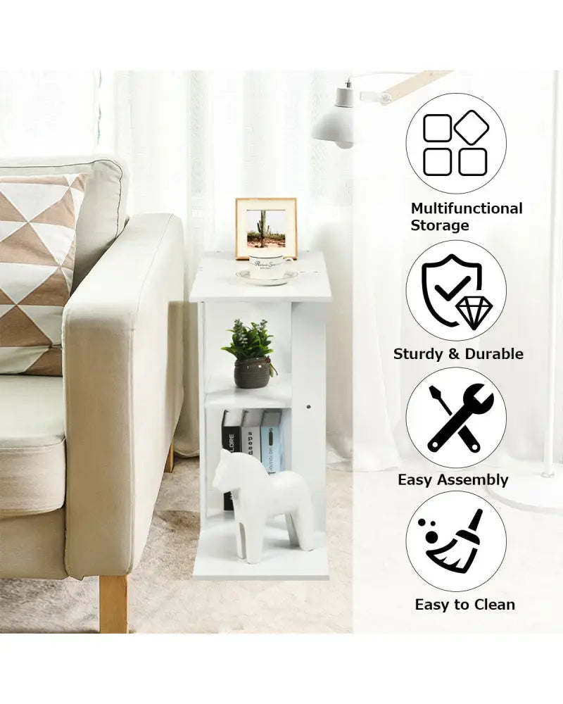 3-Tier Narrow Side Table with Storage Shelf - White - End & Side Tables