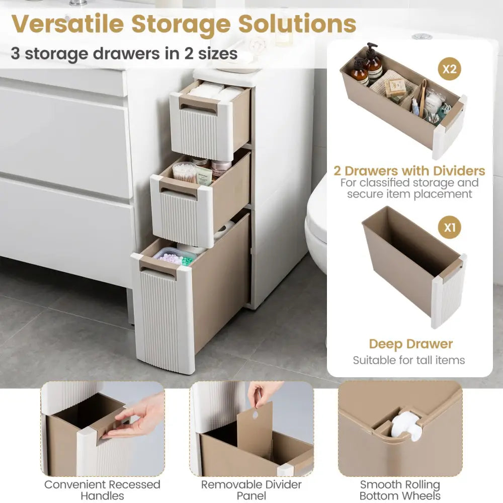 3-Tier Narrow Storage Cabinet Slim Rolling Cart with 3 Drawers and 2 Removable Dividers-S - Beige - Floor Cabinets