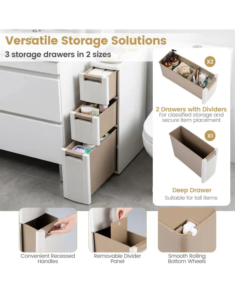 3-Tier Narrow Storage Cabinet Slim Rolling Cart with 3 Drawers and 2 Removable Dividers-S - Beige - Floor Cabinets
