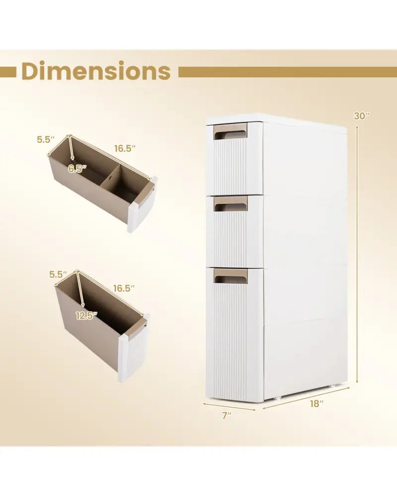 3-Tier Narrow Storage Cabinet Slim Rolling Cart with 3 Drawers and 2 Removable Dividers-S - Beige - Floor Cabinets