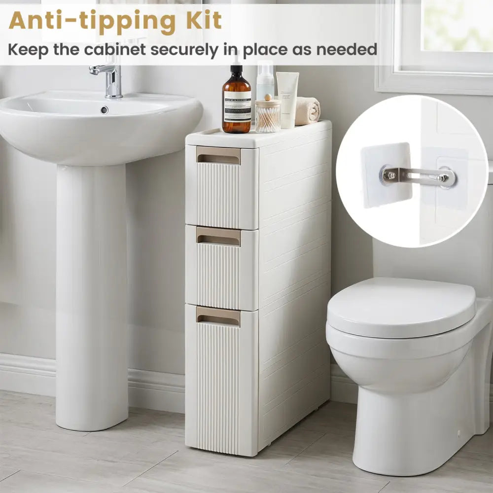 3-Tier Narrow Storage Cabinet Slim Rolling Cart with 3 Drawers and 2 Removable Dividers-S - Beige - Floor Cabinets