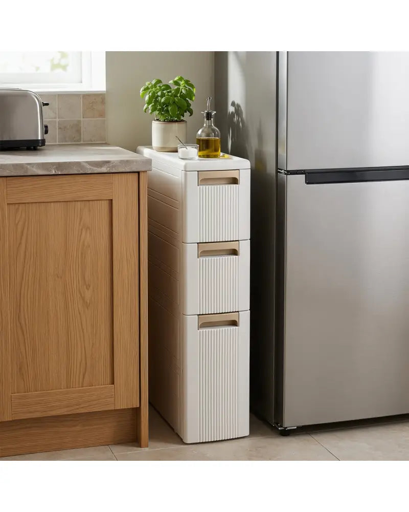 3-Tier Narrow Storage Cabinet Slim Rolling Cart with 3 Drawers and 2 Removable Dividers-S - Beige - Floor Cabinets