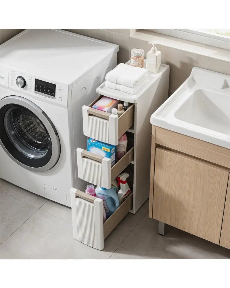 3-Tier Narrow Storage Cabinet Slim Rolling Cart with 3 Drawers and 2 Removable Dividers-S - Beige - Floor Cabinets