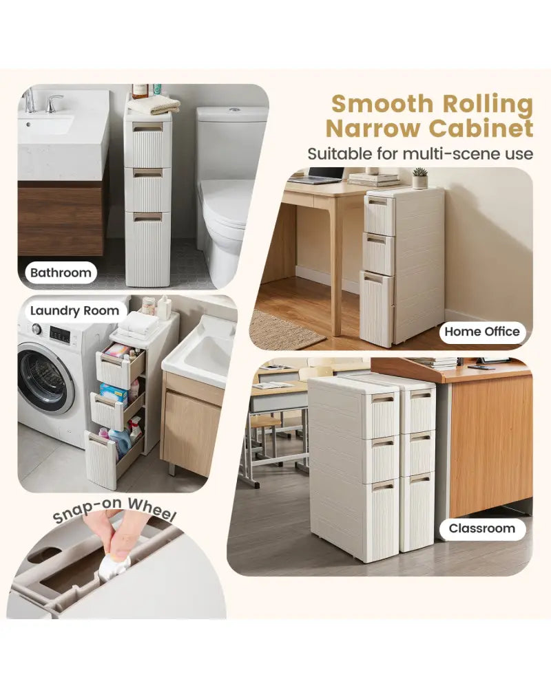 3-Tier Narrow Storage Cabinet Slim Rolling Cart with 3 Drawers and 2 Removable Dividers-S - Beige - Floor Cabinets