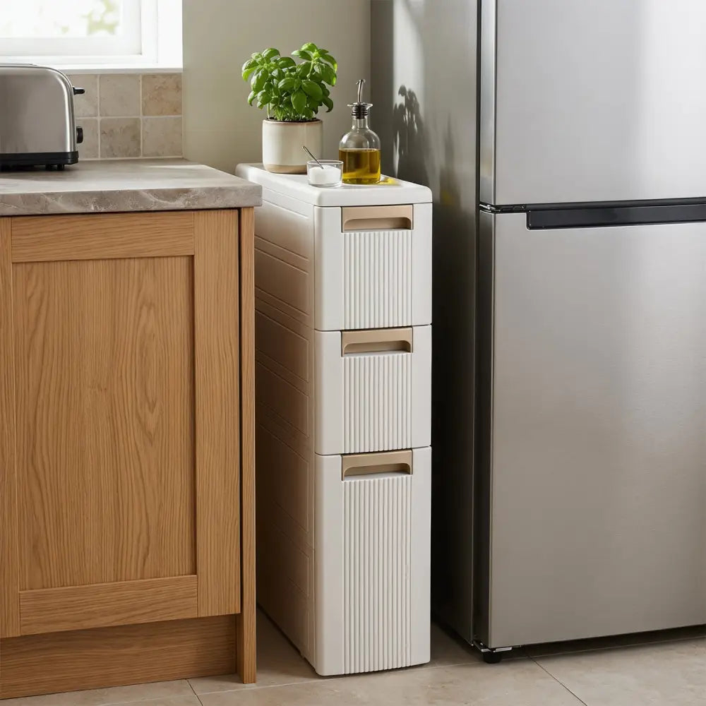 3-Tier Narrow Storage Cabinet Slim Rolling Cart with 3 Drawers and 2 Removable Dividers-S - Beige - Floor Cabinets