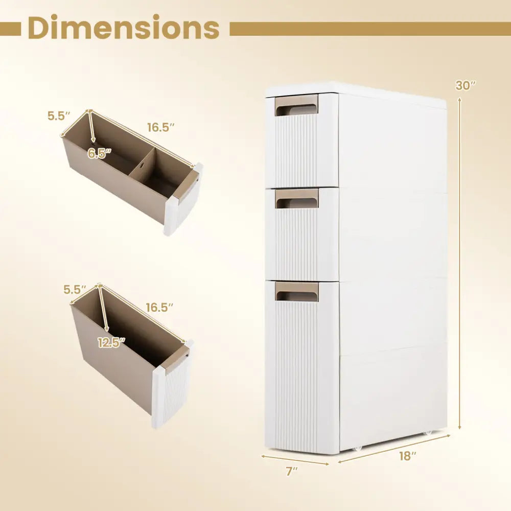 3-Tier Narrow Storage Cabinet Slim Rolling Cart with 3 Drawers and 2 Removable Dividers-S - Beige - Floor Cabinets