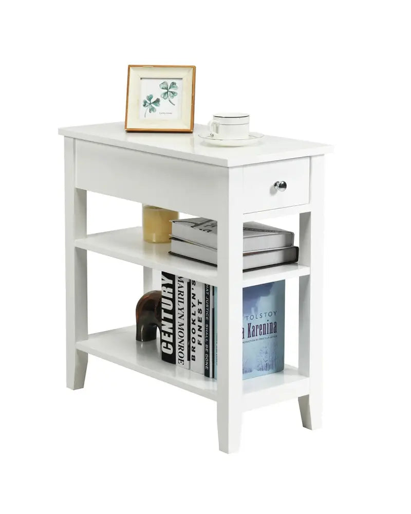 3-Tier Nightstand Bedside Table Sofa Side with Double Shelves Drawer-White - White - End & Side Tables