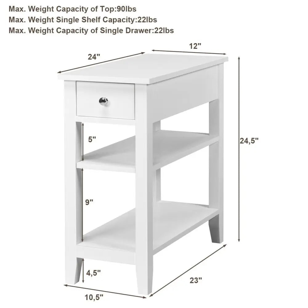 3-Tier Nightstand Bedside Table Sofa Side with Double Shelves Drawer-White - White - End & Side Tables