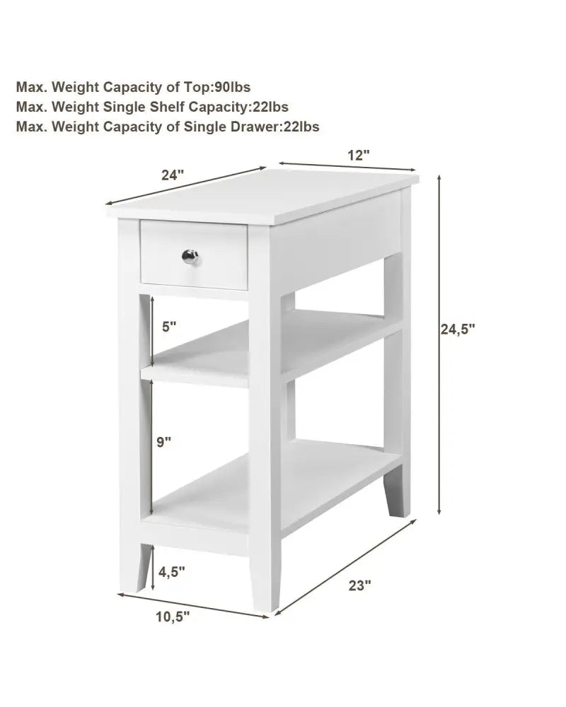 3-Tier Nightstand Bedside Table Sofa Side with Double Shelves Drawer-White - White - End & Side Tables