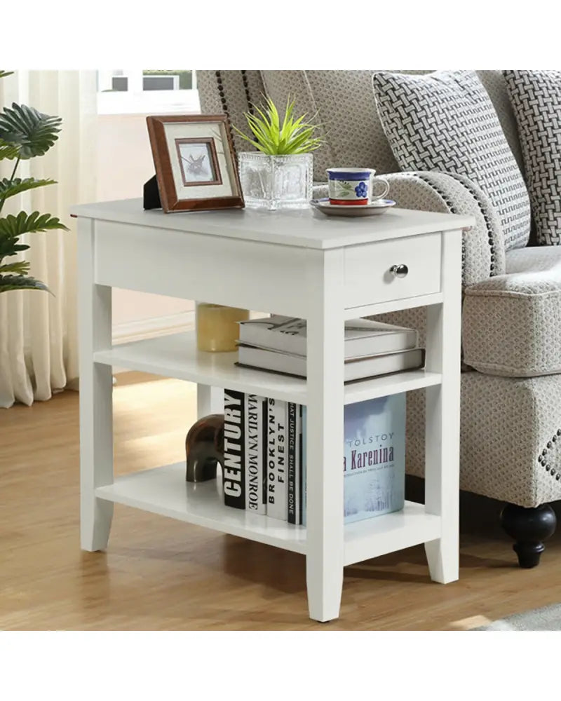 3-Tier Nightstand Bedside Table Sofa Side with Double Shelves Drawer-White - White - End & Side Tables