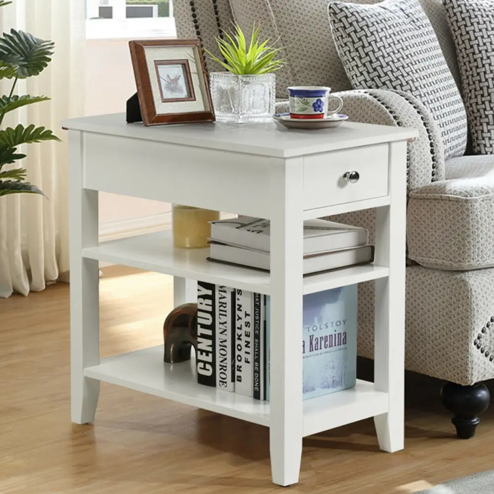 3-Tier Nightstand Bedside Table Sofa Side with Double Shelves Drawer-White - White - End & Side Tables