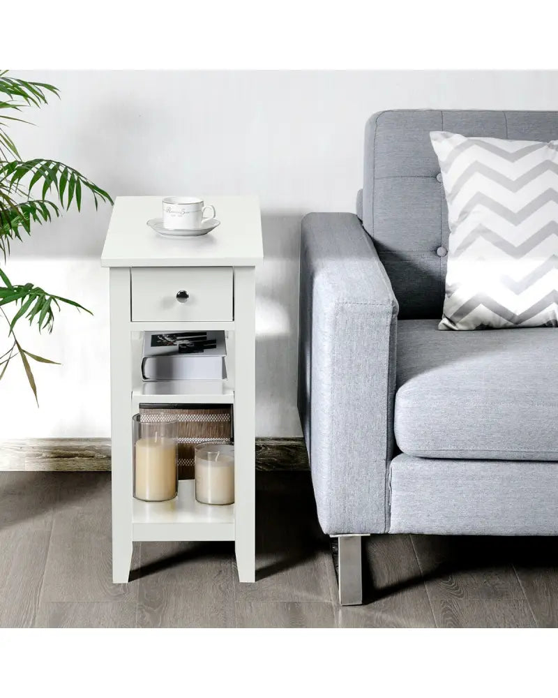 3-Tier Nightstand Bedside Table Sofa Side with Double Shelves Drawer-White - White - End & Side Tables