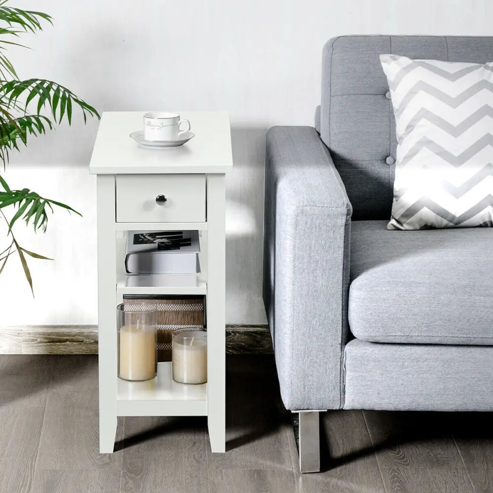 3-Tier Nightstand Bedside Table Sofa Side with Double Shelves Drawer-White - White - End & Side Tables