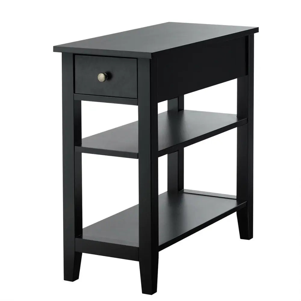 3-Tier Nightstand Bedside Table Sofa Side with Double Shelves Drawer-Black - Black - End & Side Tables
