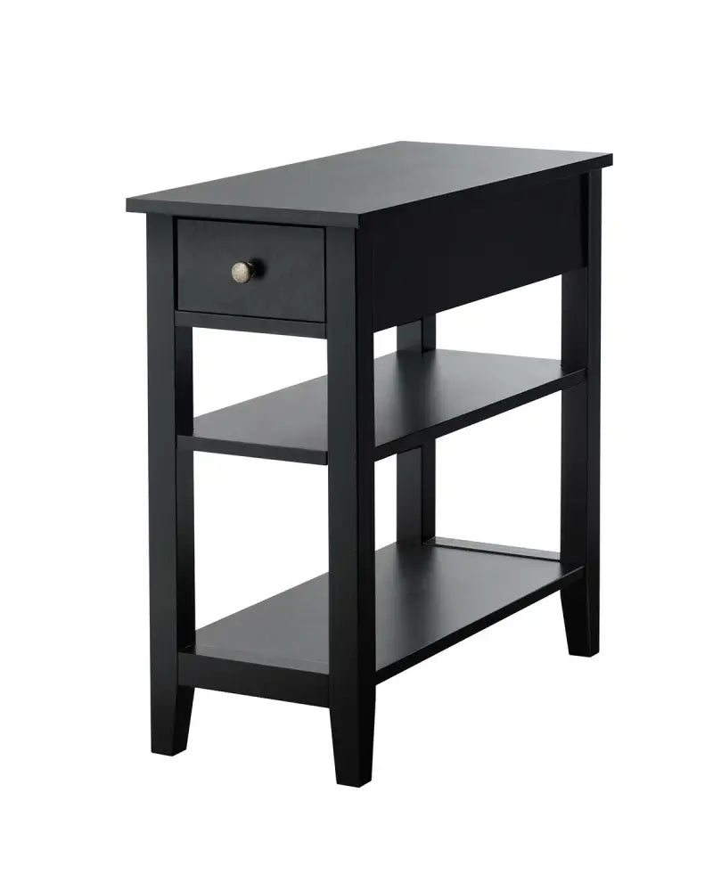 3-Tier Nightstand Bedside Table Sofa Side with Double Shelves Drawer-Black - Black - End & Side Tables