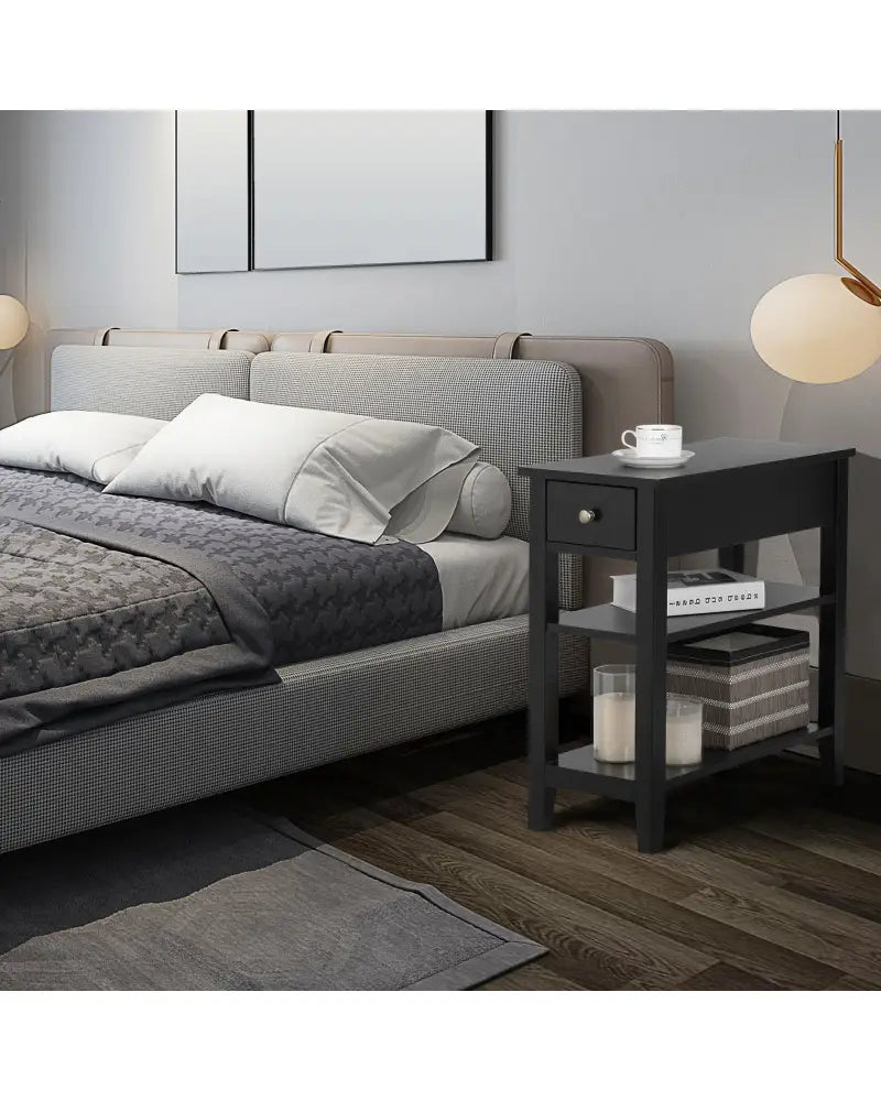 3-Tier Nightstand Bedside Table Sofa Side with Double Shelves Drawer-Black - Black - End & Side Tables