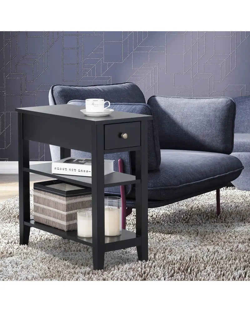 3-Tier Nightstand Bedside Table Sofa Side with Double Shelves Drawer-Black - Black - End & Side Tables