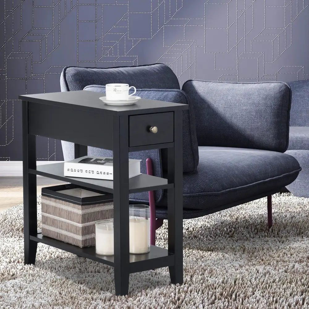 3-Tier Nightstand Bedside Table Sofa Side with Double Shelves Drawer-Black - Black - End & Side Tables