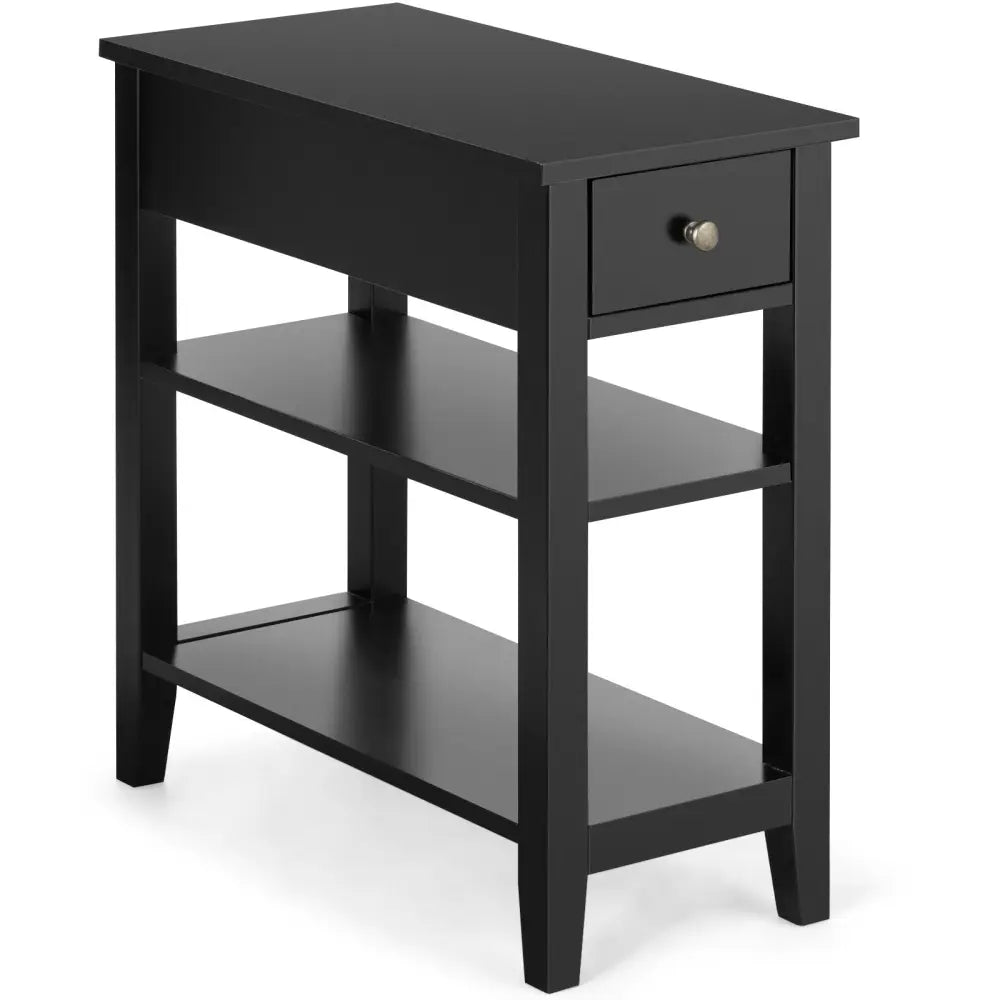3-Tier Nightstand Bedside Table Sofa Side with Double Shelves Drawer-Black - Black - End & Side Tables