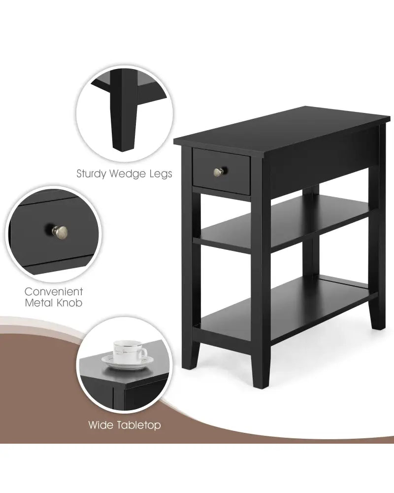 3-Tier Nightstand Bedside Table Sofa Side with Double Shelves Drawer-Black - Black - End & Side Tables