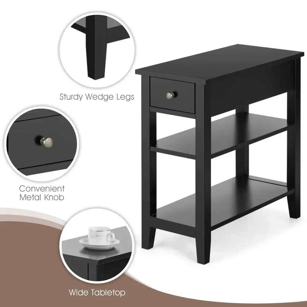 3-Tier Nightstand Bedside Table Sofa Side with Double Shelves Drawer-Black - Black - End & Side Tables