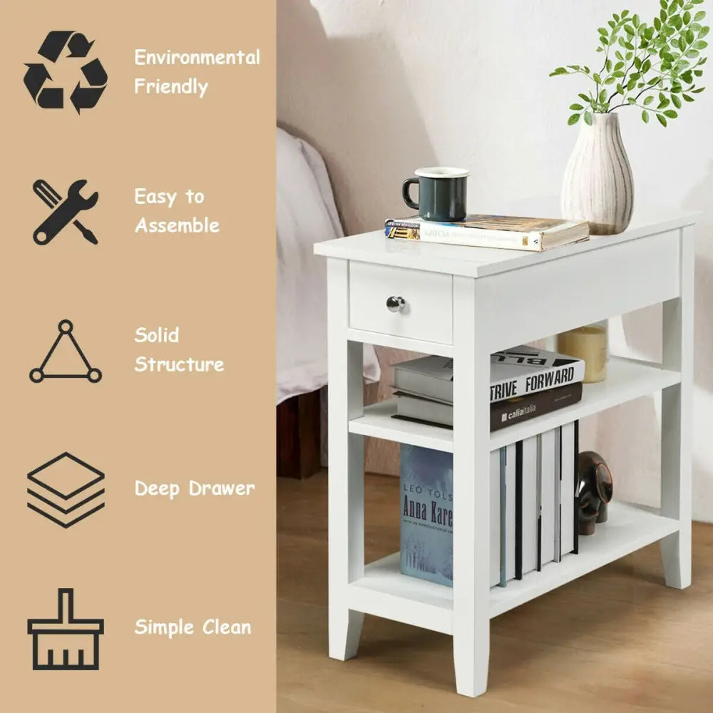 3-Tier Nightstand Bedside Table Sofa Side with Double Shelves Drawer-White - White - End & Side Tables
