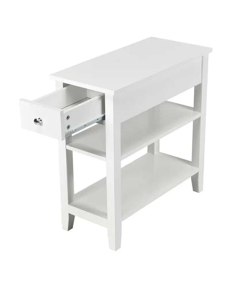 3-Tier Nightstand Bedside Table Sofa Side with Double Shelves Drawer-White - White - End & Side Tables