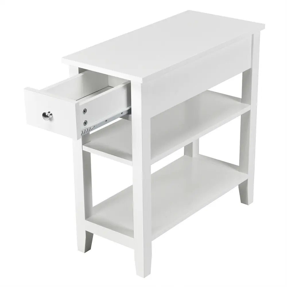 3-Tier Nightstand Bedside Table Sofa Side with Double Shelves Drawer-White - White - End & Side Tables