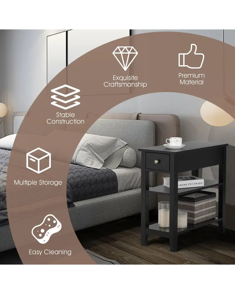 3-Tier Nightstand Bedside Table Sofa Side with Double Shelves Drawer-Black - Black - End & Side Tables