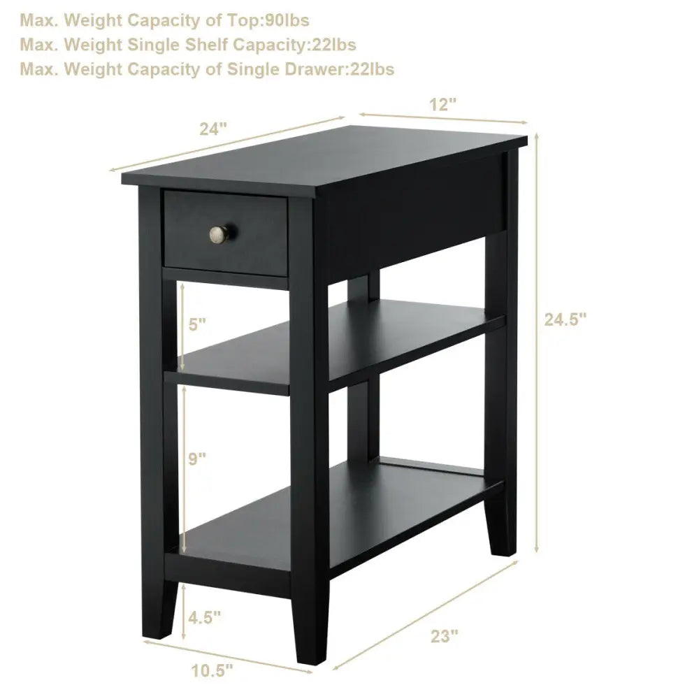 3-Tier Nightstand Bedside Table Sofa Side with Double Shelves Drawer-Black - Black - End & Side Tables