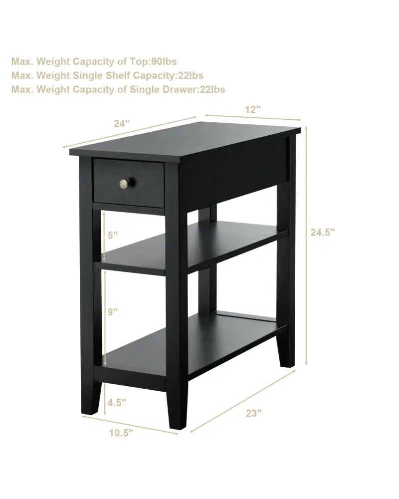 3-Tier Nightstand Bedside Table Sofa Side with Double Shelves Drawer-Black - Black - End & Side Tables