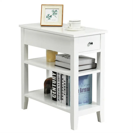 3-Tier Nightstand Bedside Table Sofa Side with Double Shelves Drawer-White - White - End & Side Tables