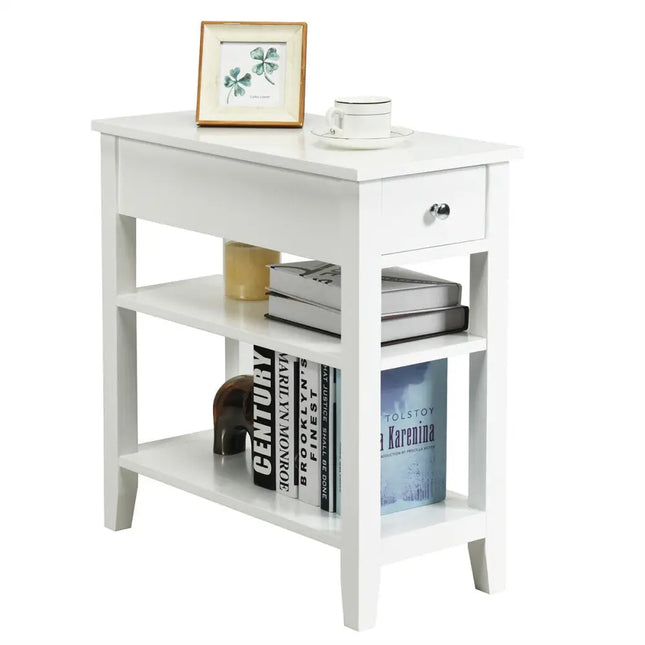 3-Tier Nightstand Bedside Table Sofa Side with Double Shelves Drawer-White - White - End & Side Tables