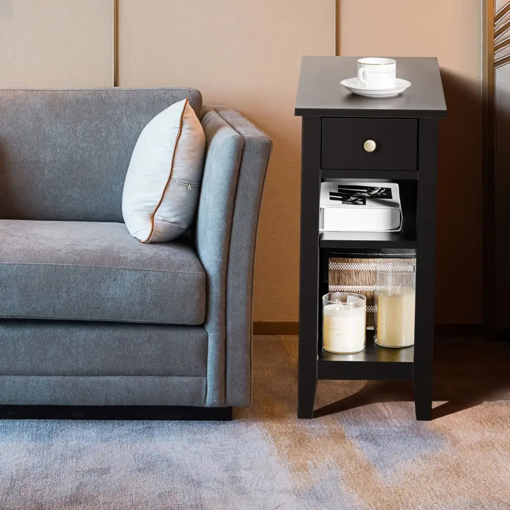 3-Tier Nightstand Bedside Table Sofa Side with Double Shelves Drawer-Black - Black - End & Side Tables
