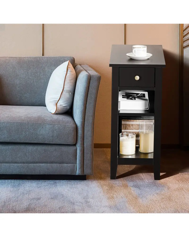 3-Tier Nightstand Bedside Table Sofa Side with Double Shelves Drawer-Black - Black - End & Side Tables