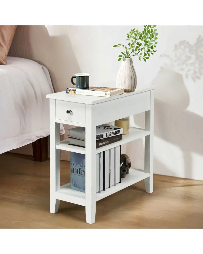 3-Tier Nightstand Bedside Table Sofa Side with Double Shelves Drawer-White - White - End & Side Tables