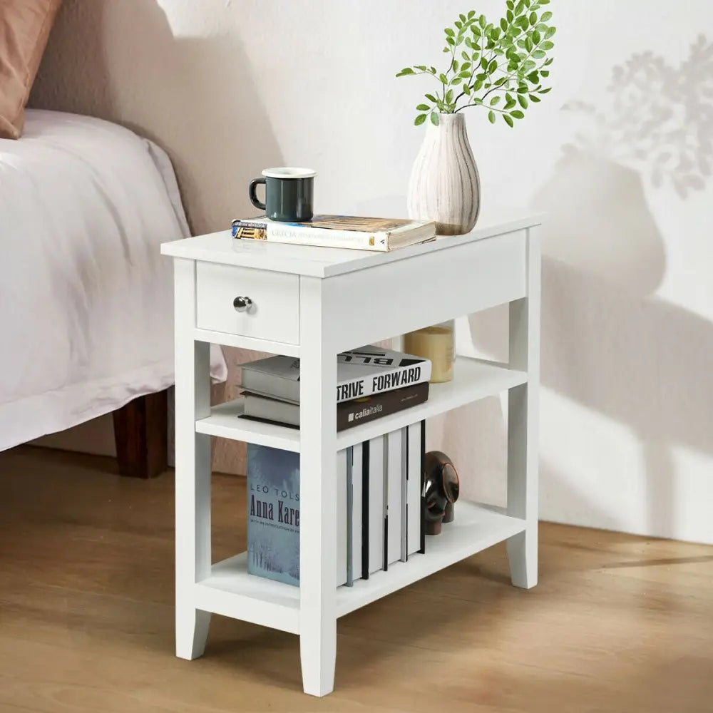 3-Tier Nightstand Bedside Table Sofa Side with Double Shelves Drawer-White - White - End & Side Tables